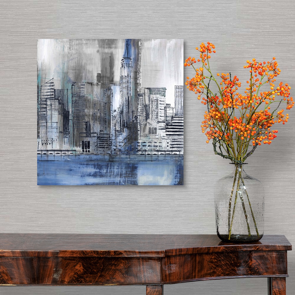 A traditional room featuring Square abstract painting of part of the New York City skyline, highlighting the Empire State Buil...
