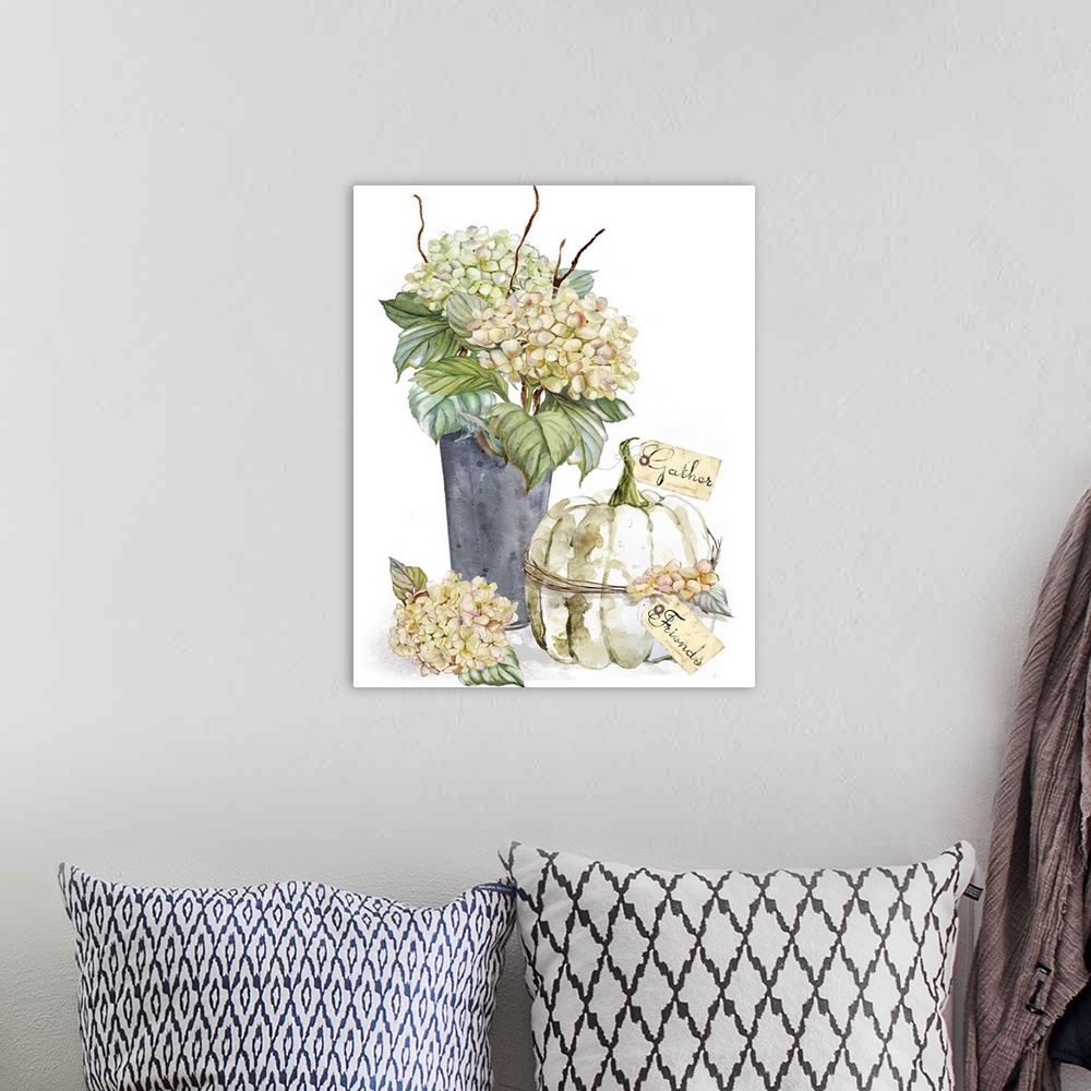 A bohemian room featuring Vertical watercolor painting of watercolor hydrangeas and a harvest pumpkin with tags attached to...