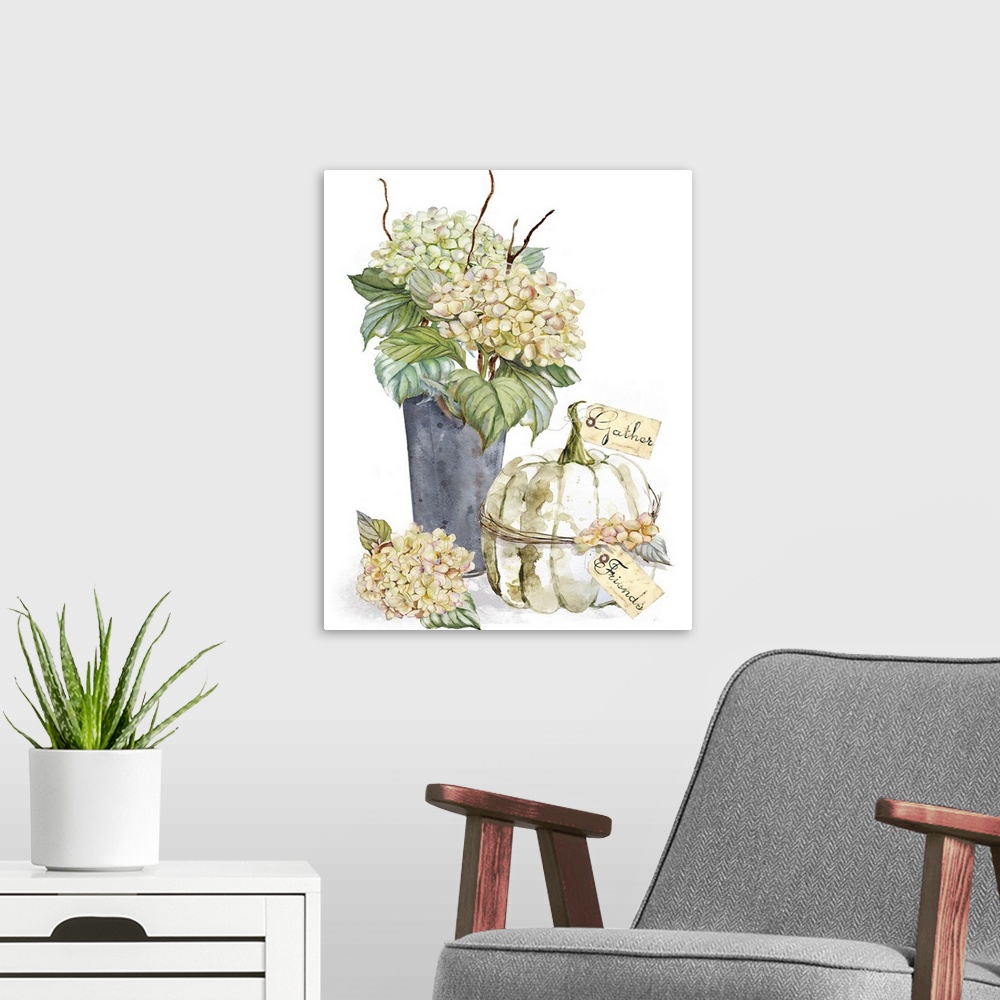 A modern room featuring Vertical watercolor painting of watercolor hydrangeas and a harvest pumpkin with tags attached to...
