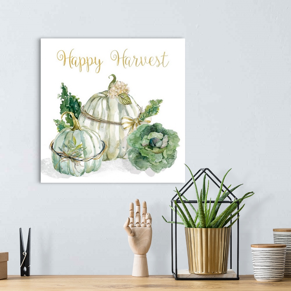 A bohemian room featuring Square decor with watercolor pumpkins and greenery on a white background with "Happy Harvest" wri...