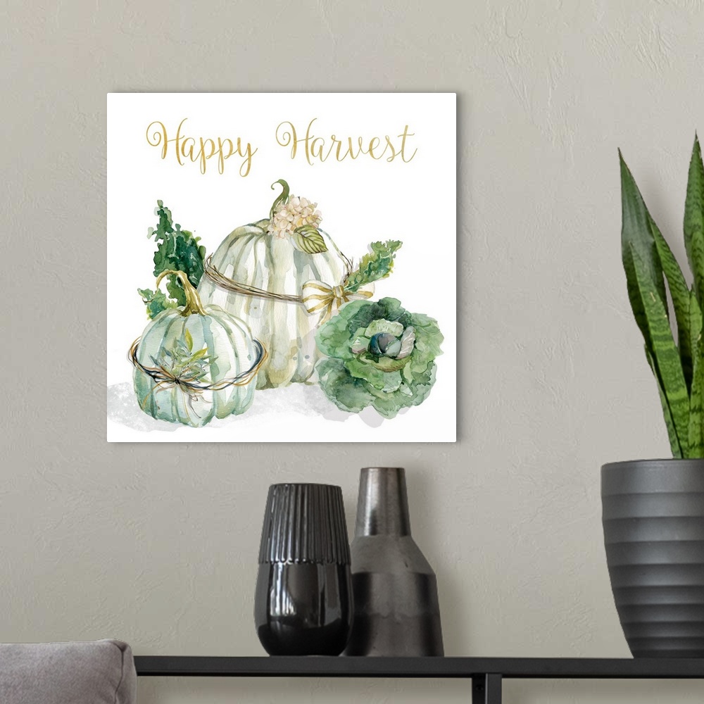 A modern room featuring Square decor with watercolor pumpkins and greenery on a white background with "Happy Harvest" wri...