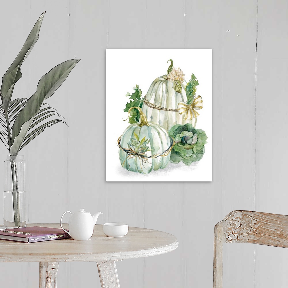 A farmhouse room featuring Vertical watercolor painting of two harvest pumpkins wrapped with a bow and greenery on a white b...