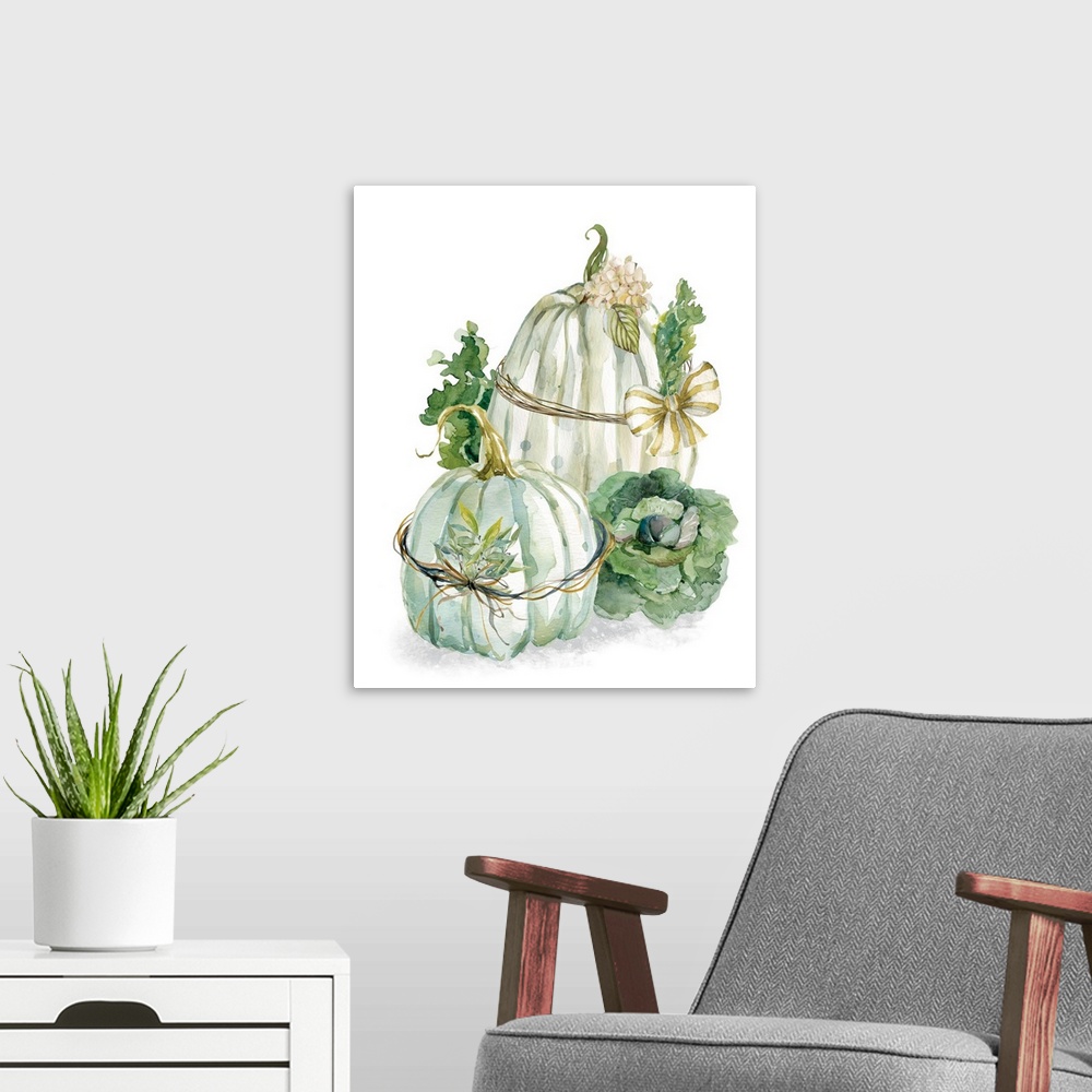 A modern room featuring Vertical watercolor painting of two harvest pumpkins wrapped with a bow and greenery on a white b...