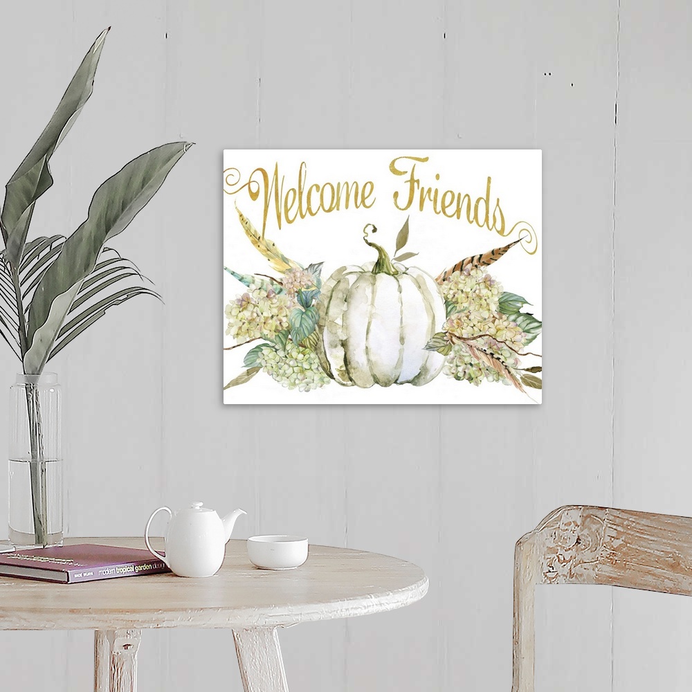 A farmhouse room featuring Seasonal decor with painted hydrangeas, feathers, and a white pumpkin with "Welcome Friends" writ...