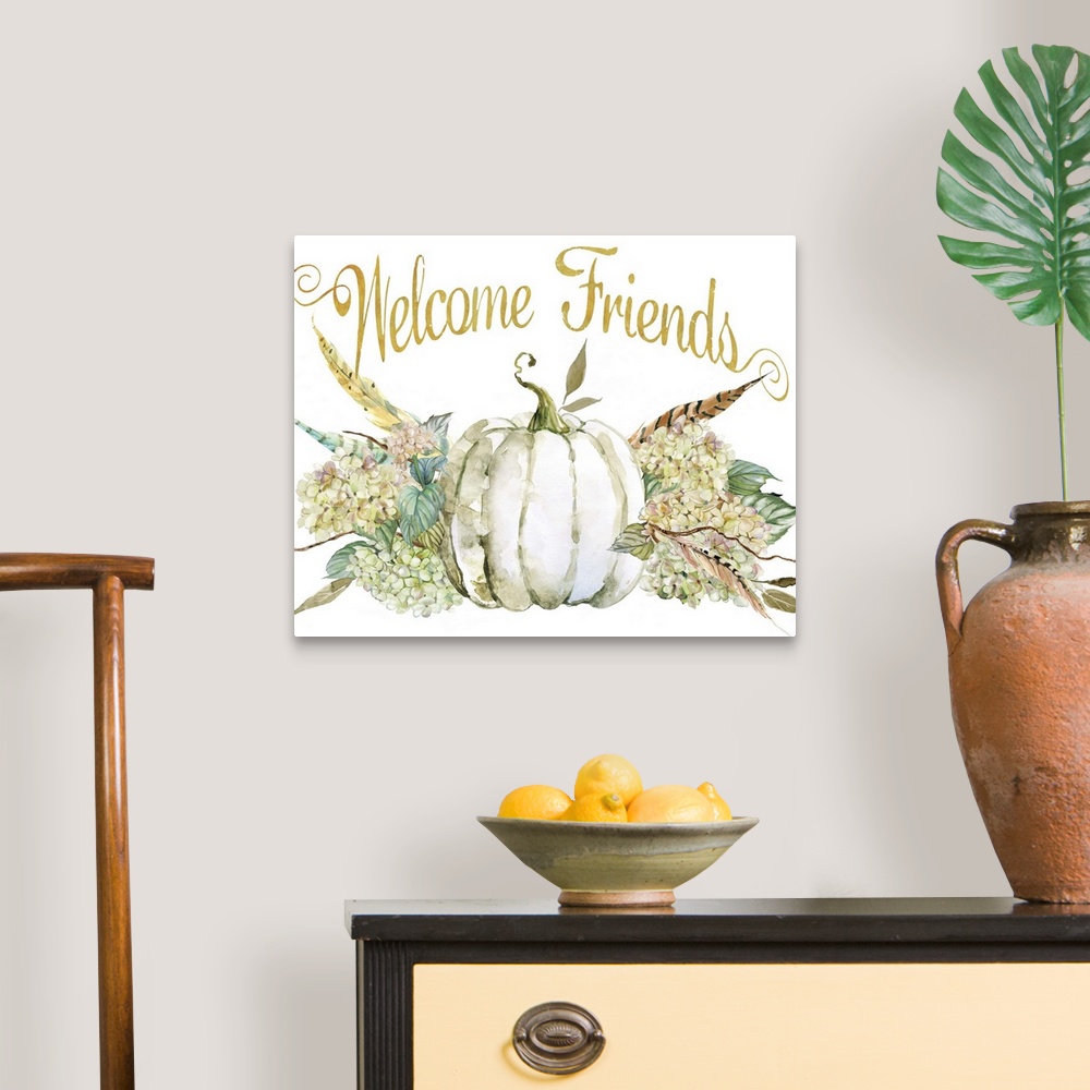 A traditional room featuring Seasonal decor with painted hydrangeas, feathers, and a white pumpkin with "Welcome Friends" writ...