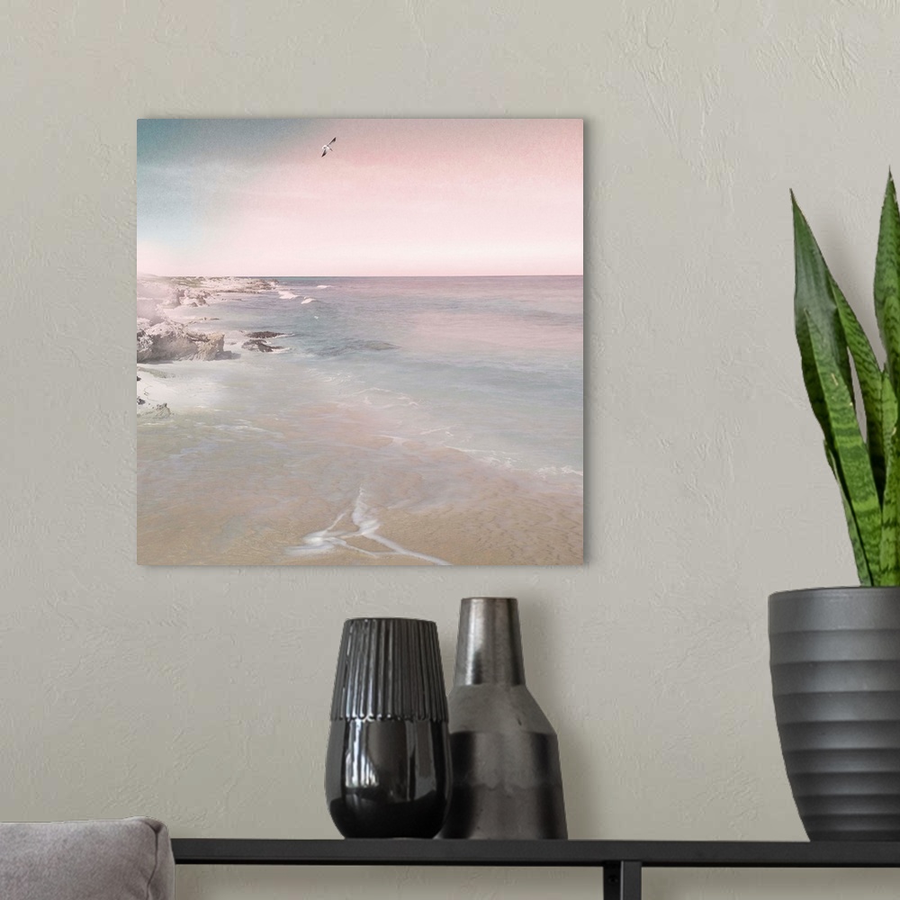 A modern room featuring Contemporary painting of an ocean shore with shallow waves in the evening.
