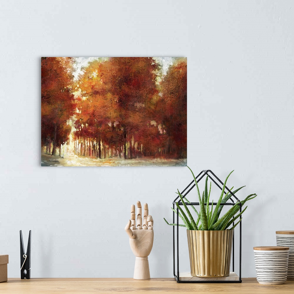 A bohemian room featuring Contemporary painting of a dense forest in fall colors.