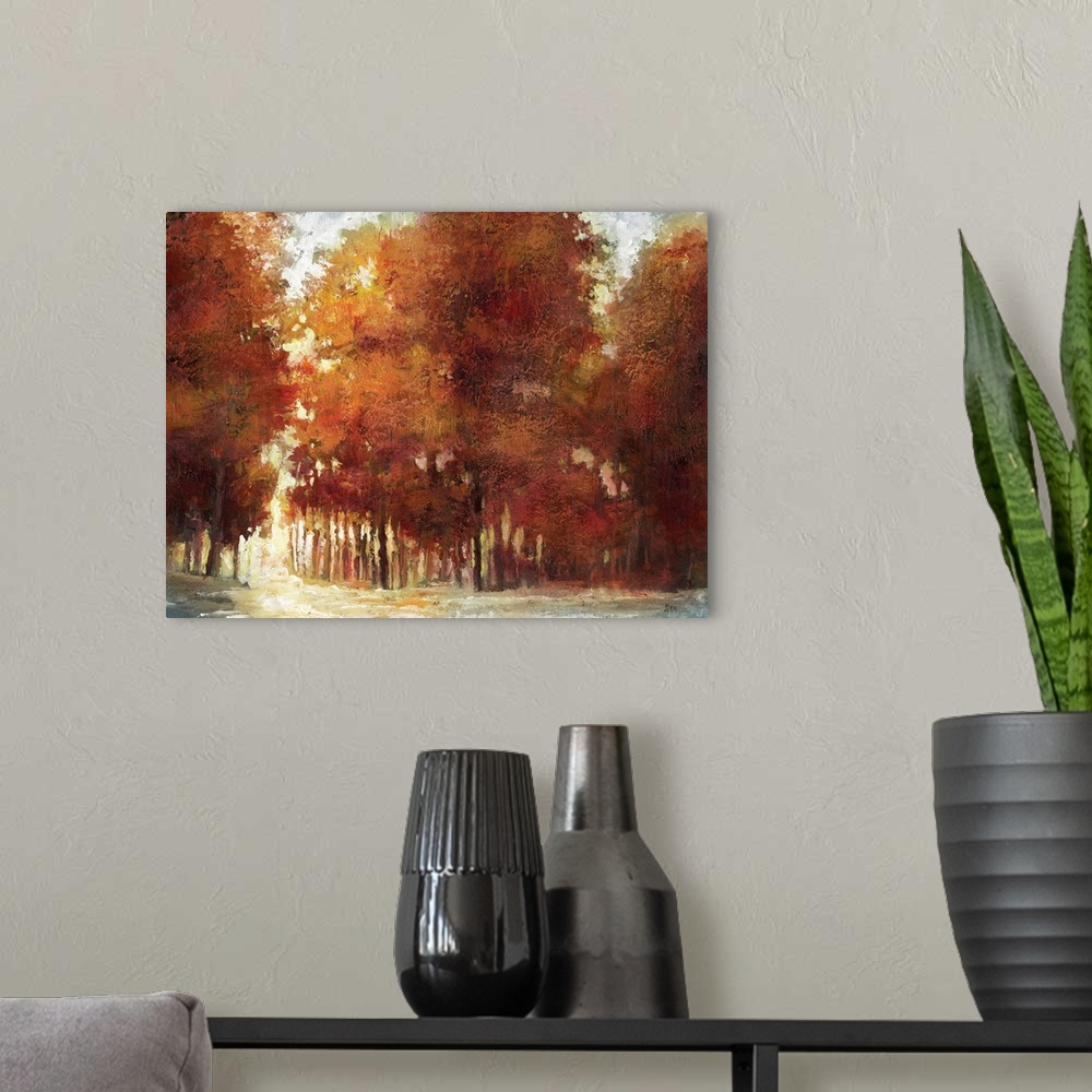 A modern room featuring Contemporary painting of a dense forest in fall colors.