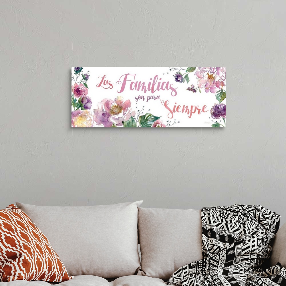 A bohemian room featuring The words "Las Familias son para Siempre" is delicately illuminated with assorted watercolor flow...
