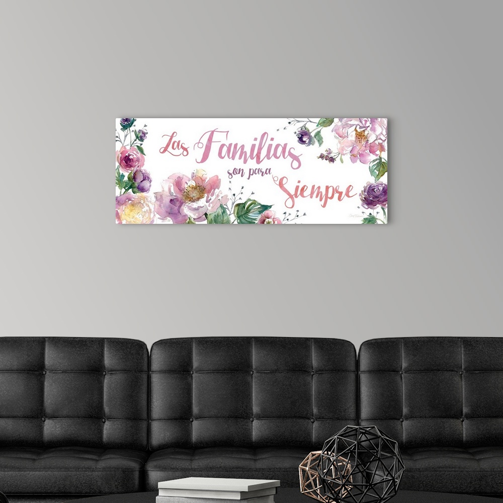 A modern room featuring The words "Las Familias son para Siempre" is delicately illuminated with assorted watercolor flow...