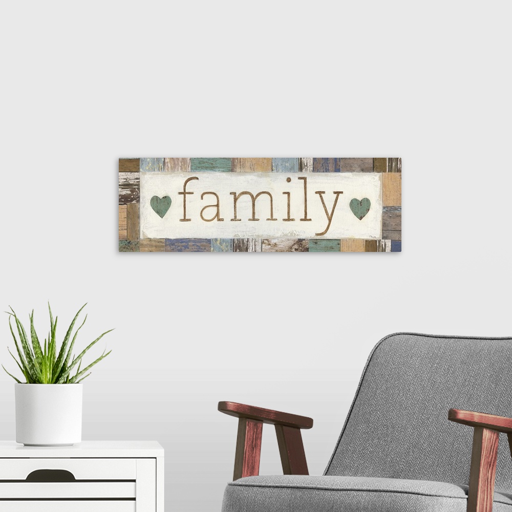 A modern room featuring A decorative painting with the word ?family? painted in the middle with two hearts on either side...