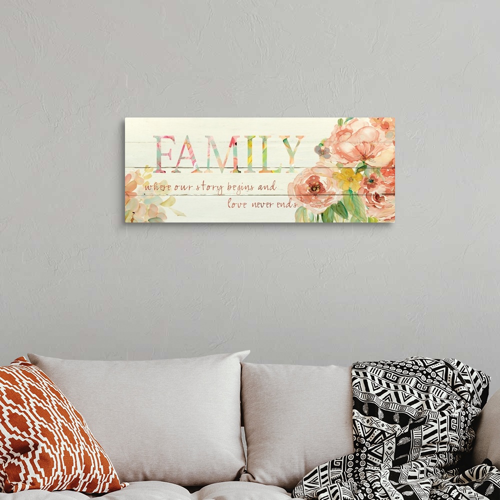 A bohemian room featuring "Family Where Our Story Begins and Love Never Ends" written on a faux wood panel background with ...