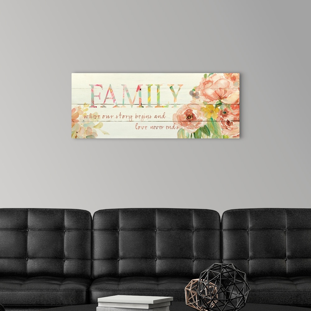 A modern room featuring "Family Where Our Story Begins and Love Never Ends" written on a faux wood panel background with ...