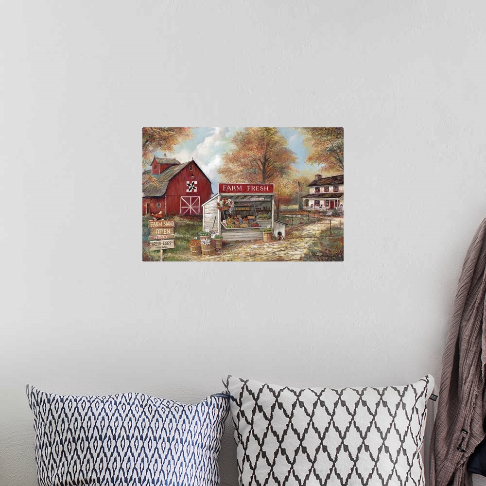 A bohemian room featuring Large contemporary painting of a rural farm stand with a red barn and a house in the background.