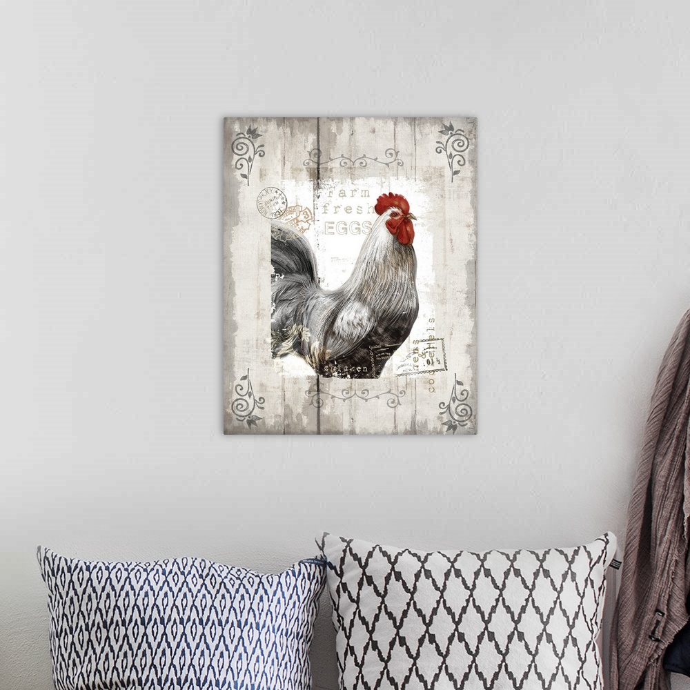 A bohemian room featuring Vertical decorative design of a rooster with a vintage style border with embellishments.