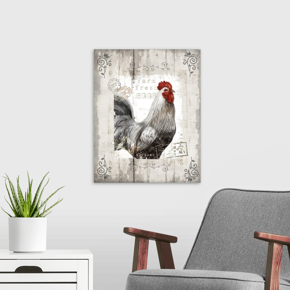A modern room featuring Vertical decorative design of a rooster with a vintage style border with embellishments.