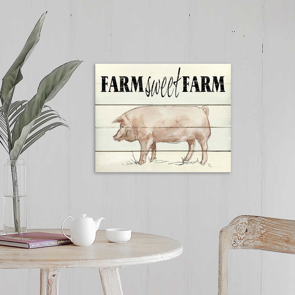 A farmhouse room featuring "Farm Sweet Farm" written on the top of a faux wood background with a painting of a pig at the bo...