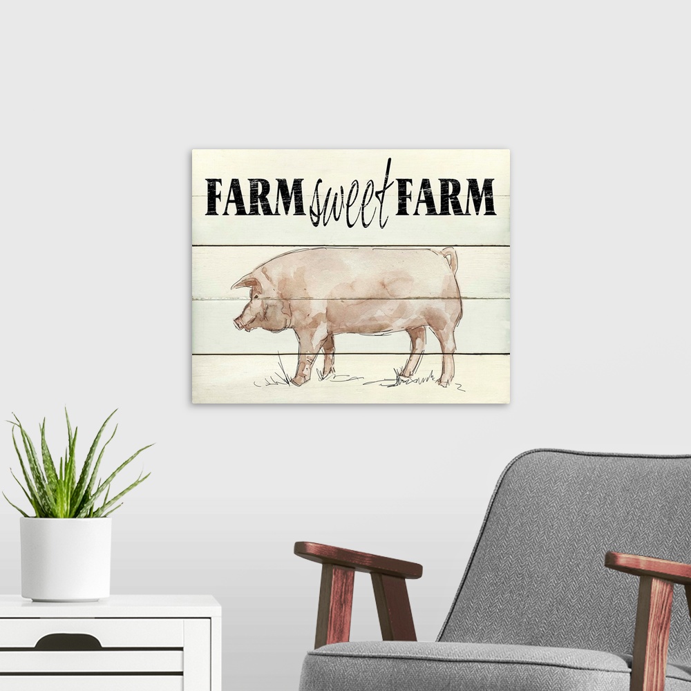A modern room featuring "Farm Sweet Farm" written on the top of a faux wood background with a painting of a pig at the bo...