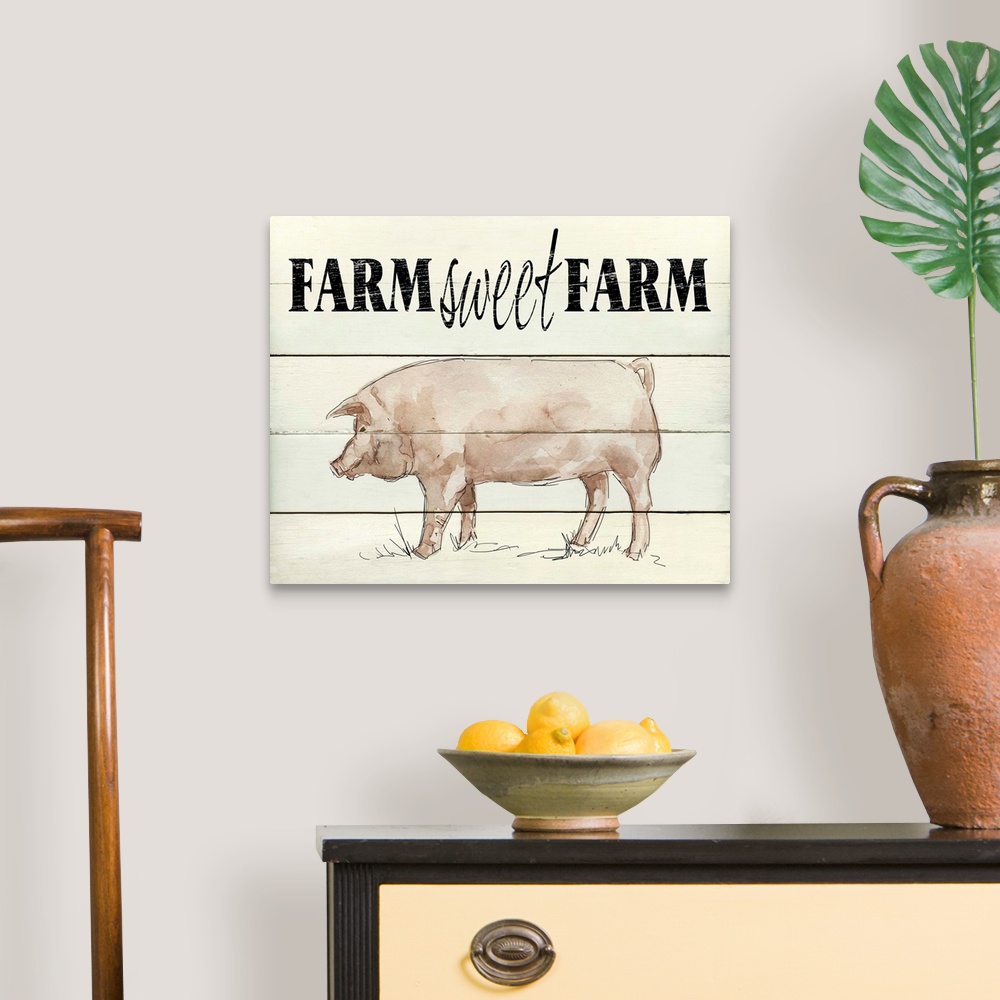 A traditional room featuring "Farm Sweet Farm" written on the top of a faux wood background with a painting of a pig at the bo...