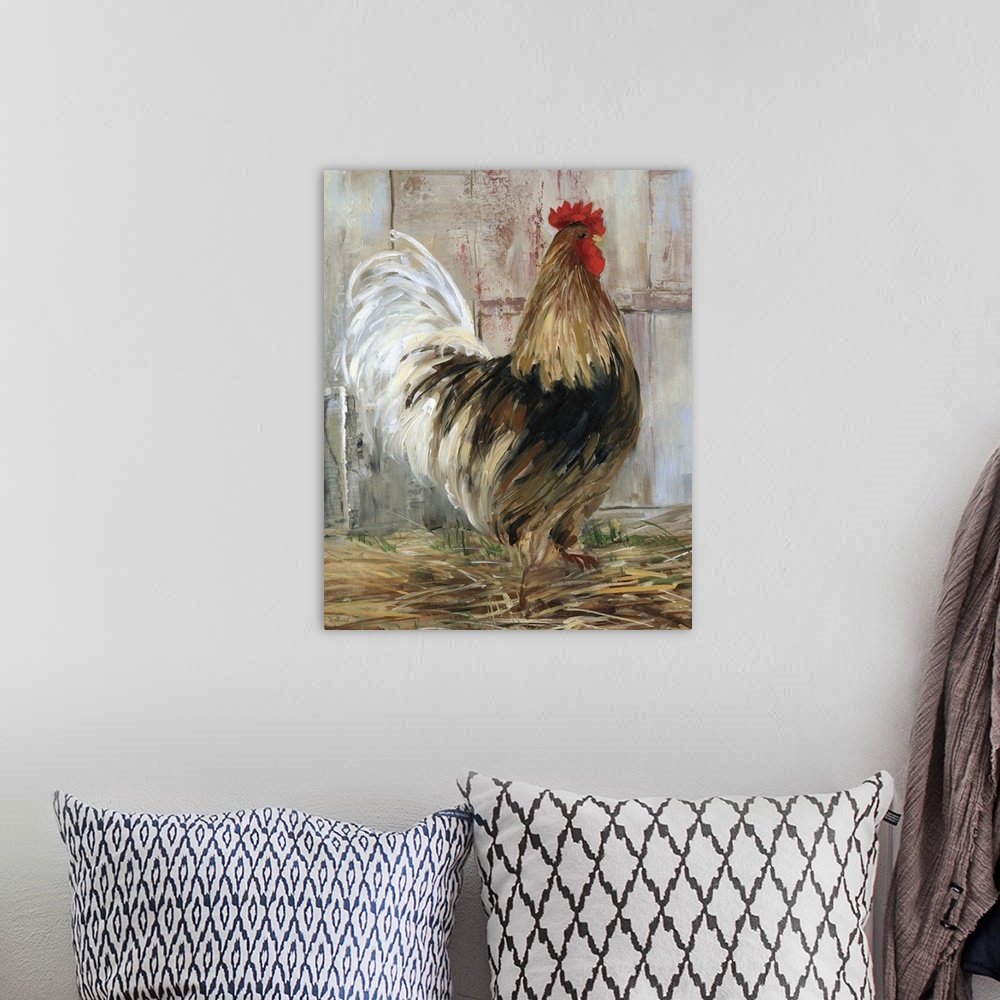 A bohemian room featuring A contemporary painting of a rooster standing outside of a farmhouse.