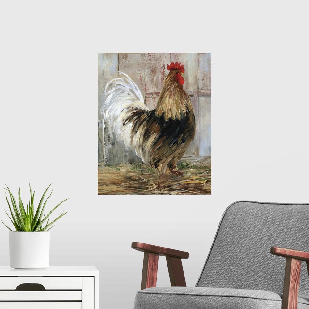 A modern room featuring A contemporary painting of a rooster standing outside of a farmhouse.