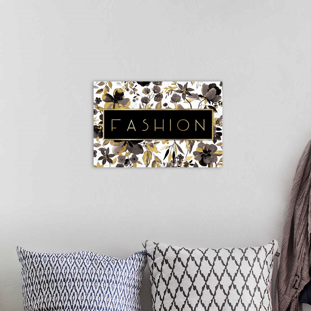 A bohemian room featuring "FASHION" with black and gold flowers on a white background.
