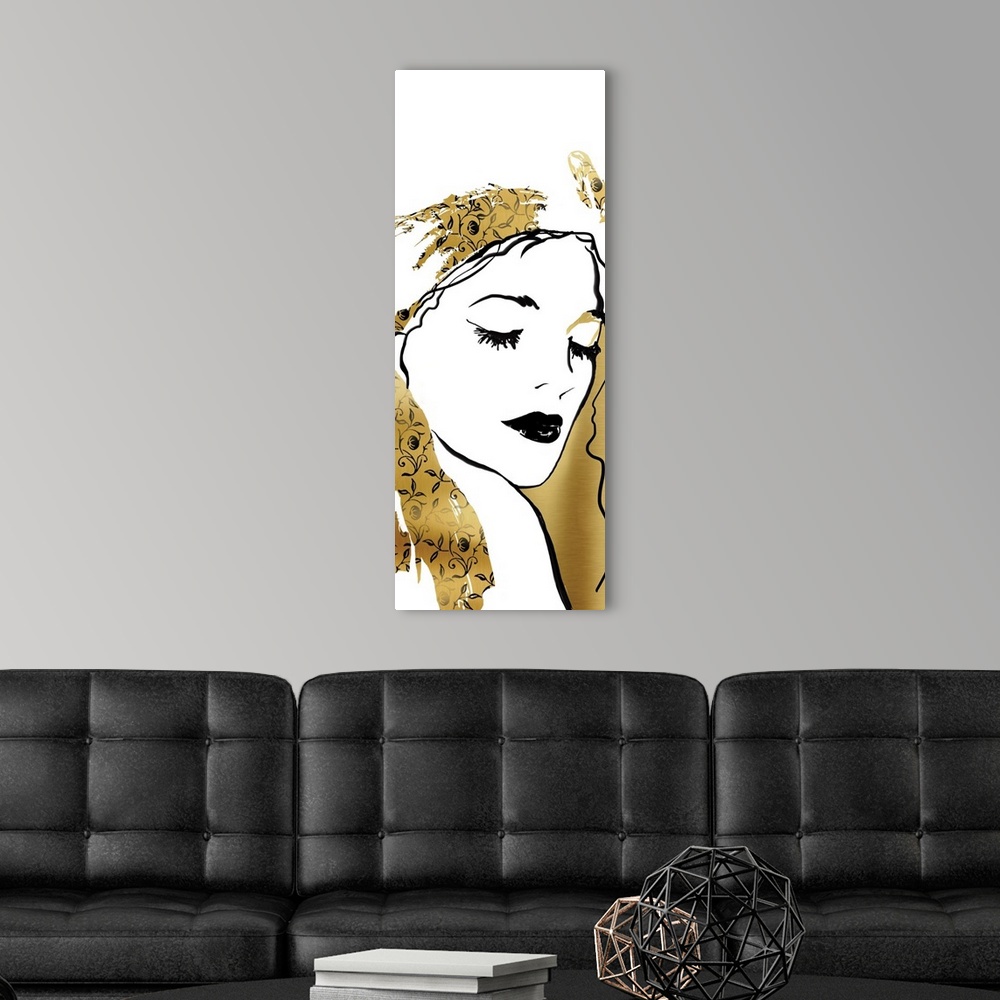 A modern room featuring Large illustration of a woman in gold, black, and white.