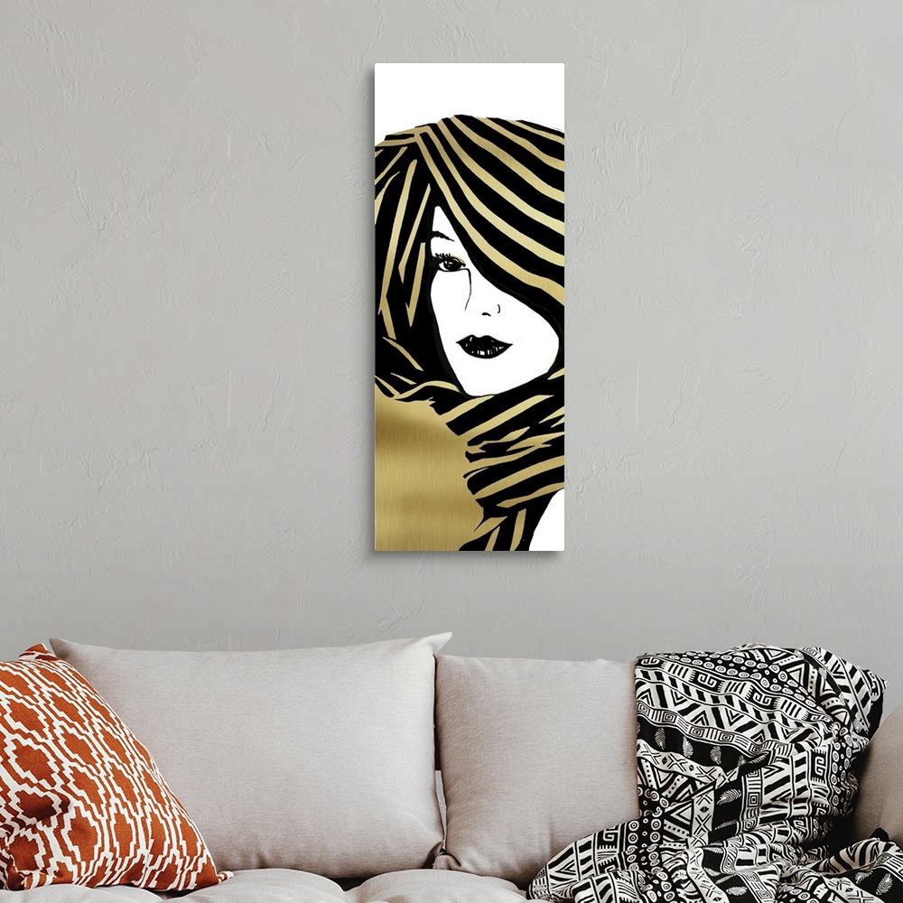 A bohemian room featuring Large illustration of a woman wearing a head scarf in gold, black, and white.