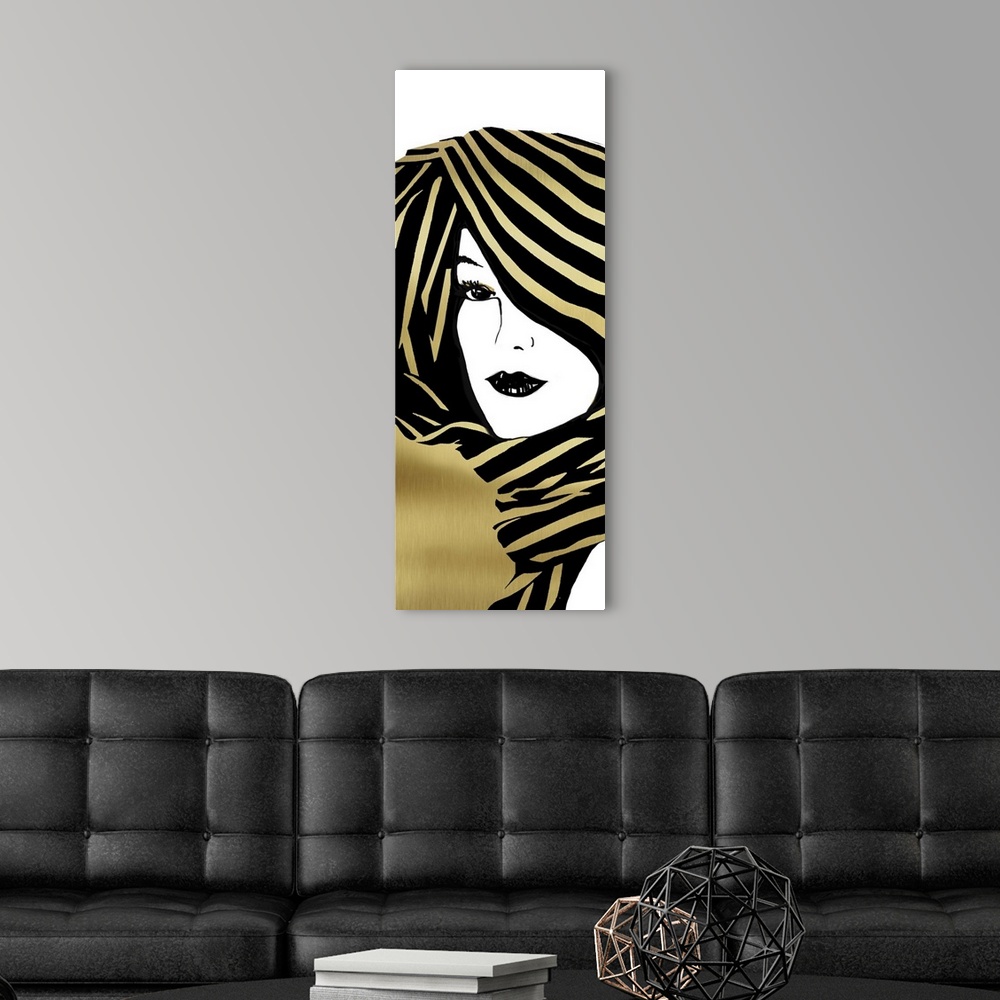 A modern room featuring Large illustration of a woman wearing a head scarf in gold, black, and white.