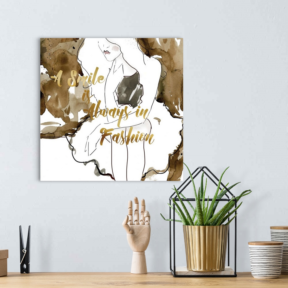 A bohemian room featuring Square watercolor sketch of a woman sitting with a brown and white background and the phrase "A S...