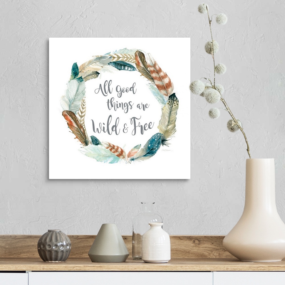 A farmhouse room featuring Square watercolor painting with a wreath made of feathers and the phrase "All Good Things Are Wil...