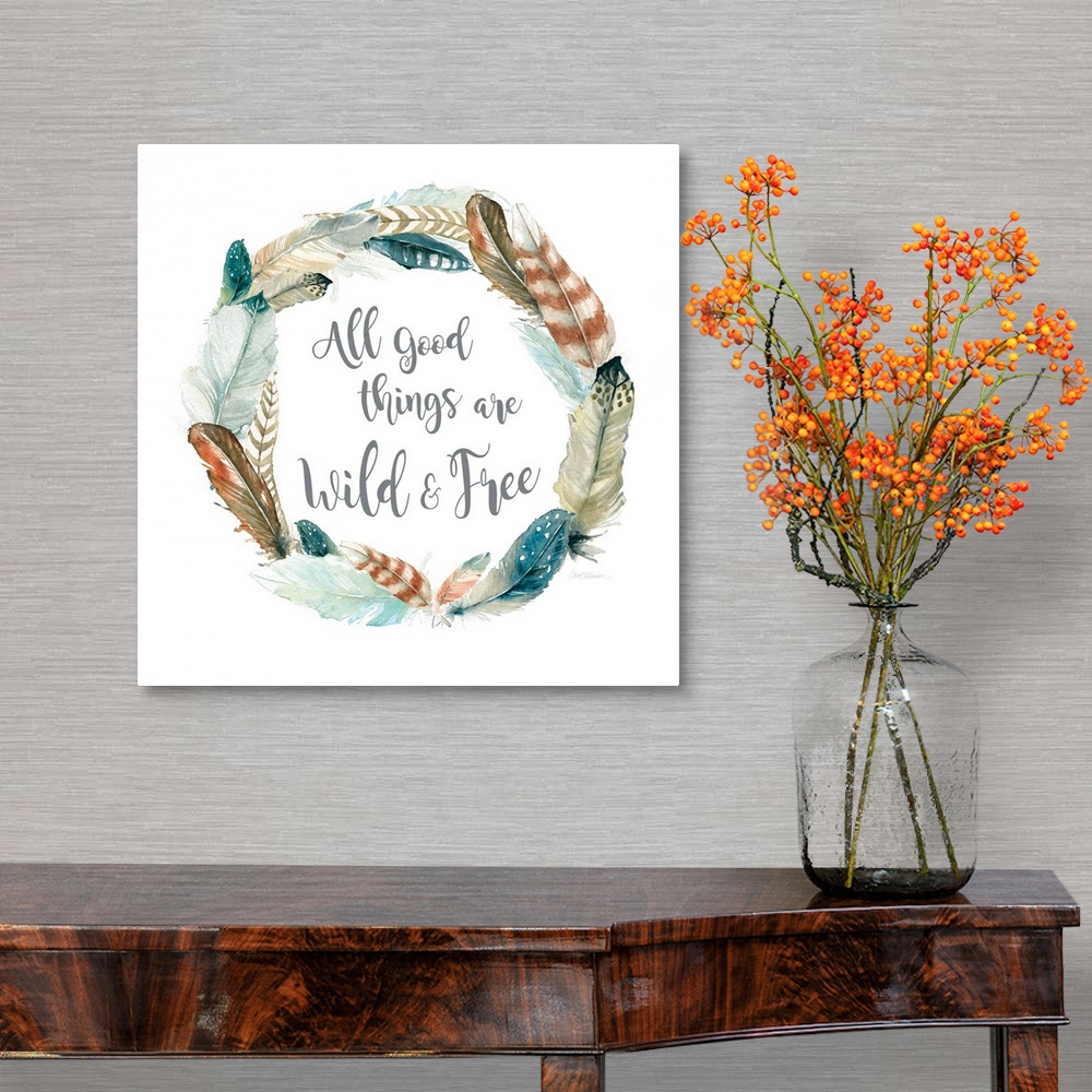 A traditional room featuring Square watercolor painting with a wreath made of feathers and the phrase "All Good Things Are Wil...