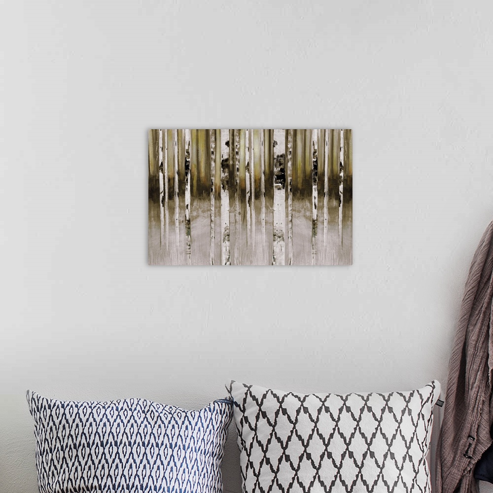 A bohemian room featuring A contemporary painting of white, black and brown tree trunks in the woods.