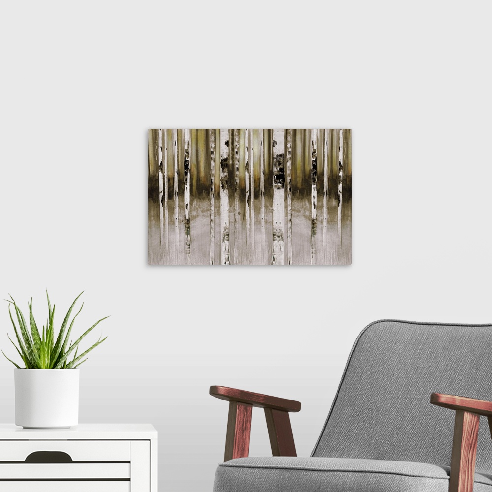 A modern room featuring A contemporary painting of white, black and brown tree trunks in the woods.