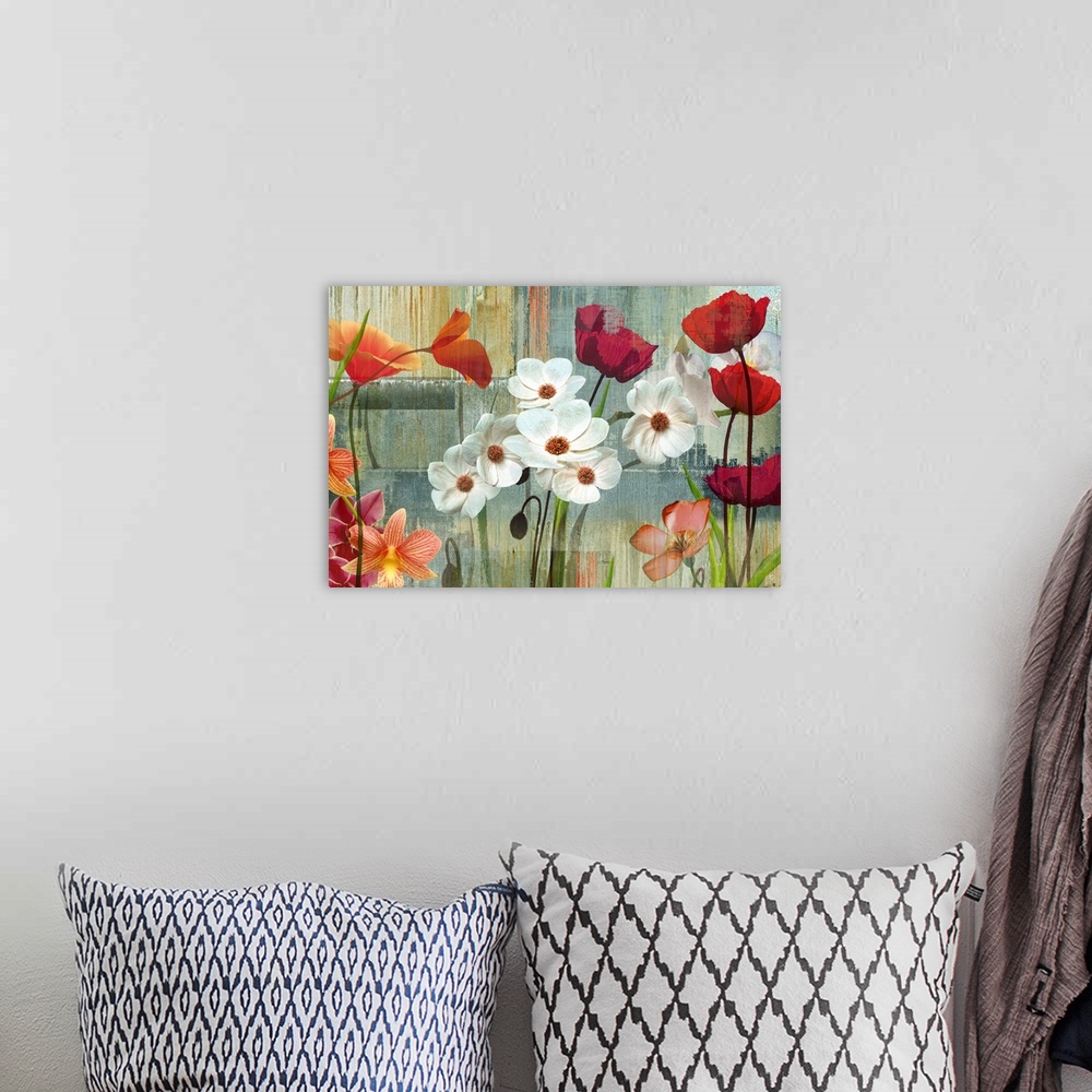A bohemian room featuring A variety of flowers on top of a brushstroke streaked background.