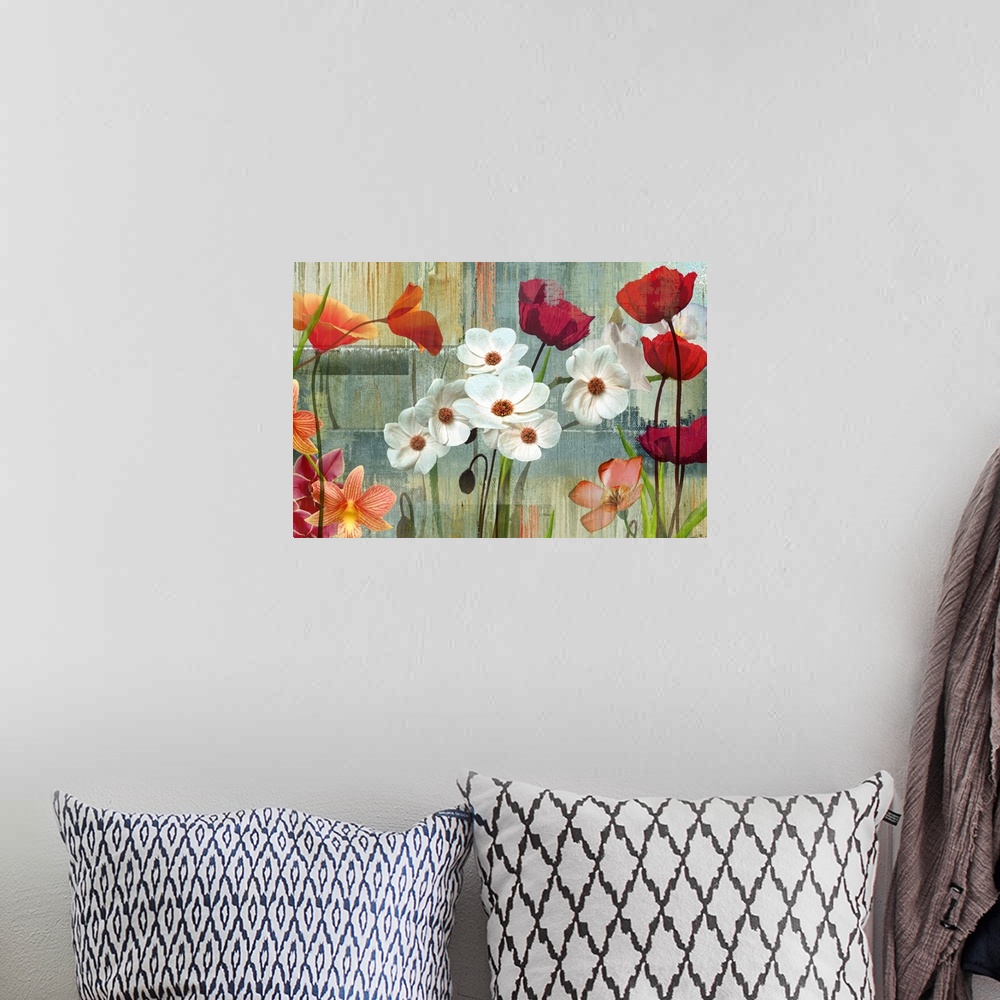 A bohemian room featuring A variety of flowers on top of a brushstroke streaked background.