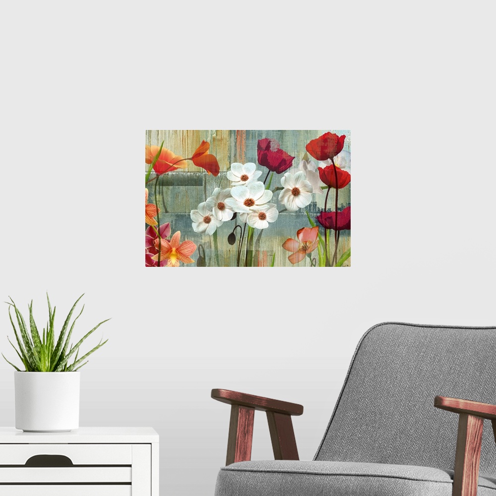 A modern room featuring A variety of flowers on top of a brushstroke streaked background.