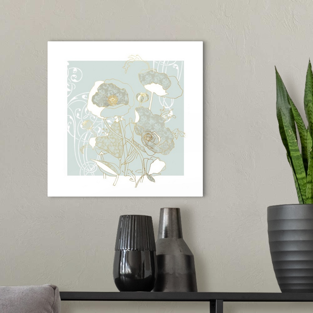 A modern room featuring Square digital illustration of metallic gold outlined flowers colored in with a floral pattern on...
