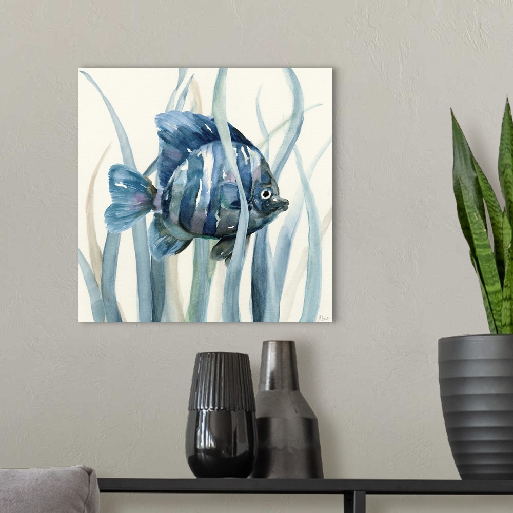 A modern room featuring Square indigo watercolor painting of a fish underwater in seagrass on an off white background.
