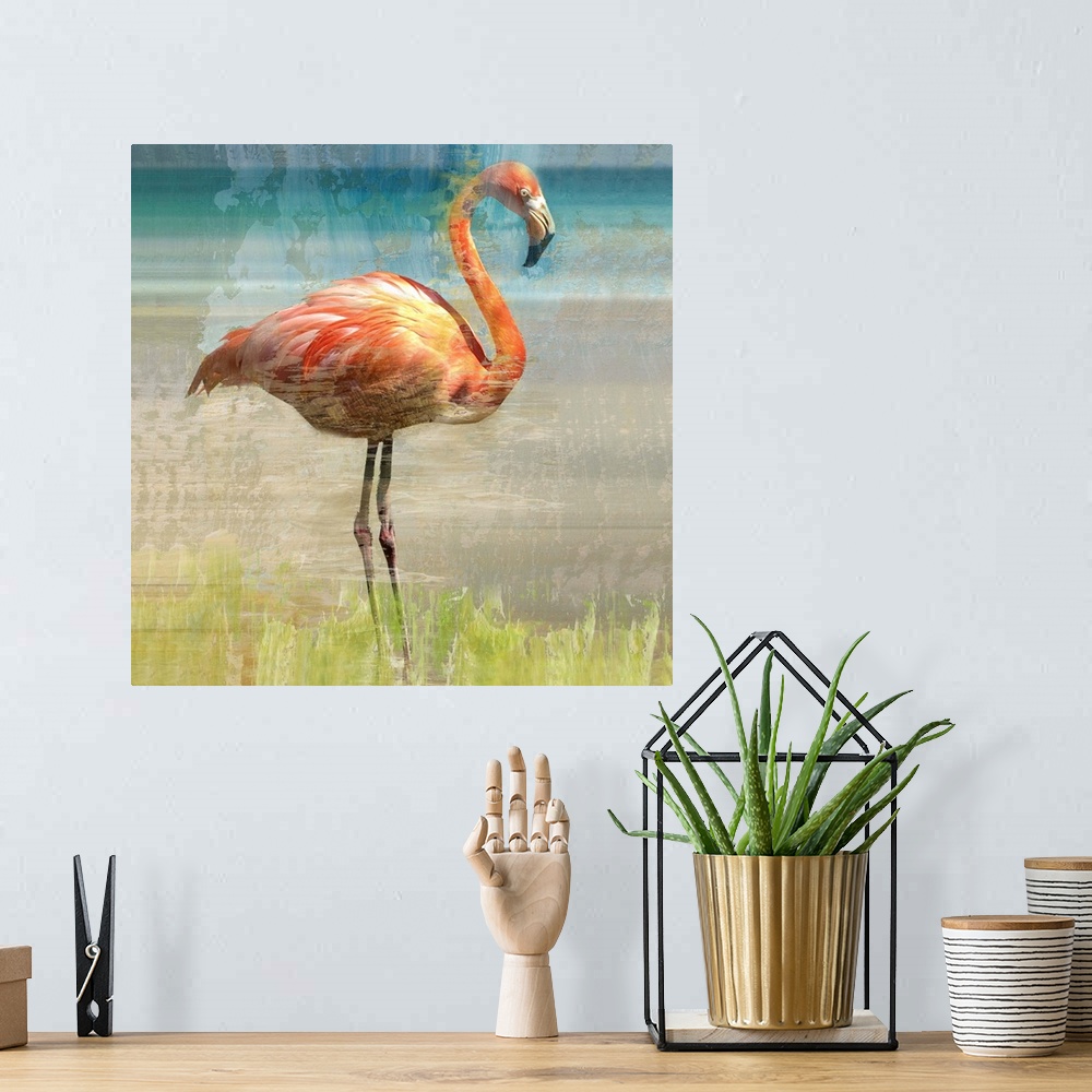 A bohemian room featuring One painting in a series of two displays a reflective flamingo amidst layers of distressed paint ...