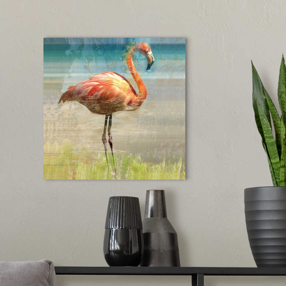 A modern room featuring One painting in a series of two displays a reflective flamingo amidst layers of distressed paint ...