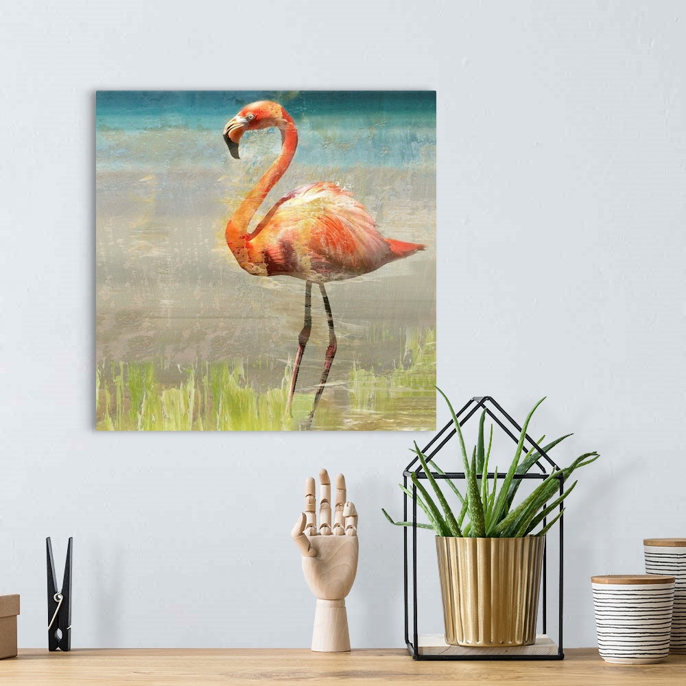 A bohemian room featuring One painting in a series of two displays a reflective flamingo amidst layers of distressed paint ...