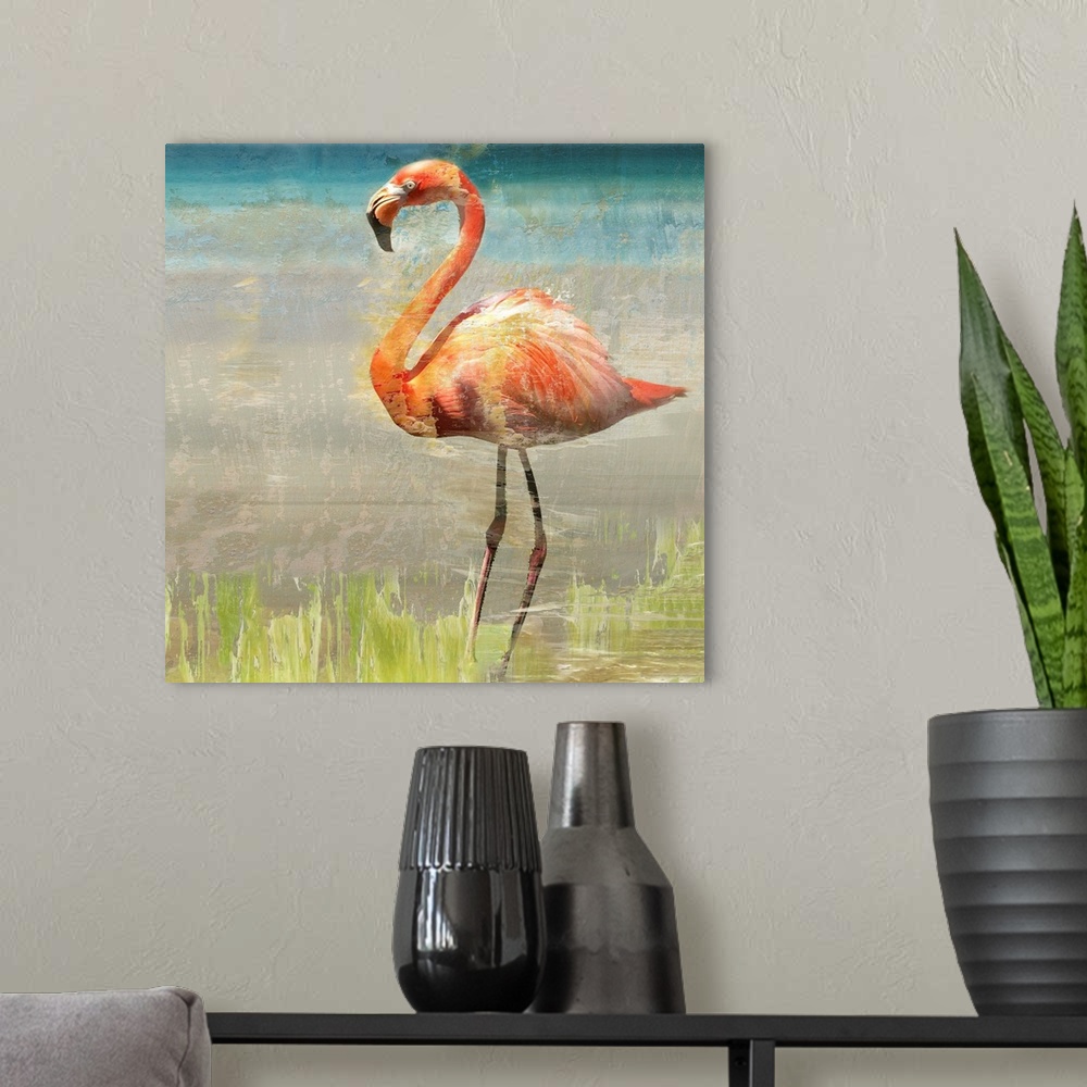 A modern room featuring One painting in a series of two displays a reflective flamingo amidst layers of distressed paint ...