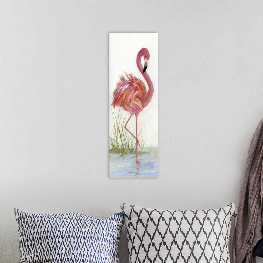 A bohemian room featuring Tall contemporary painting of a pink flamingo standing on one leg in water.
