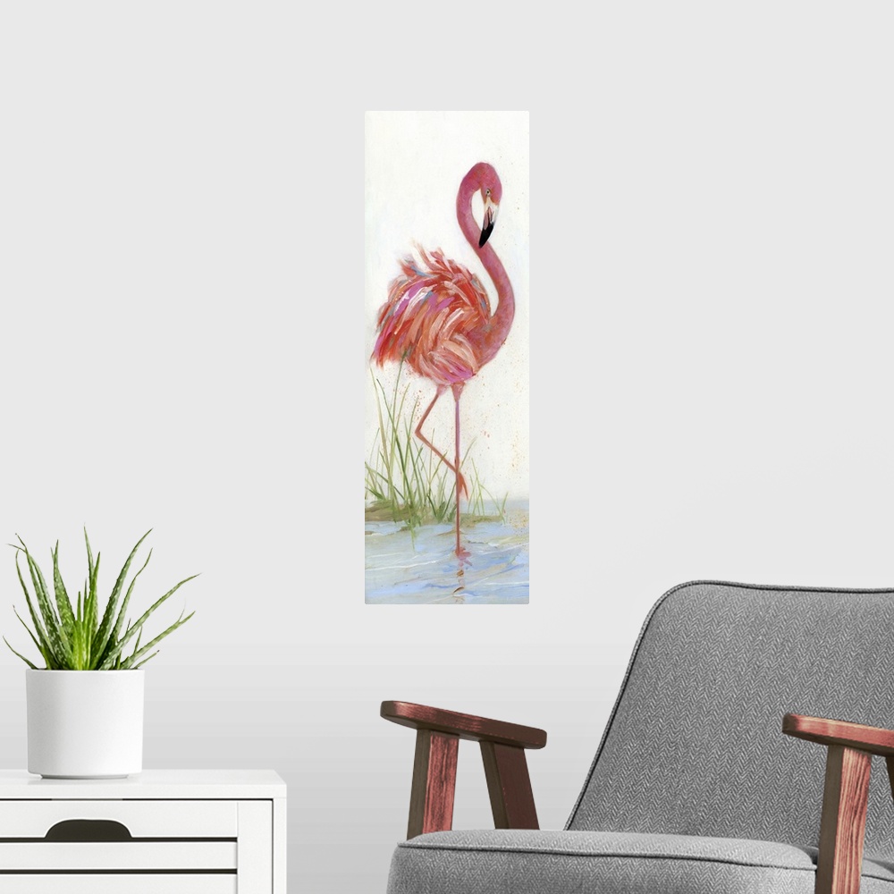 A modern room featuring Tall contemporary painting of a pink flamingo standing on one leg in water.