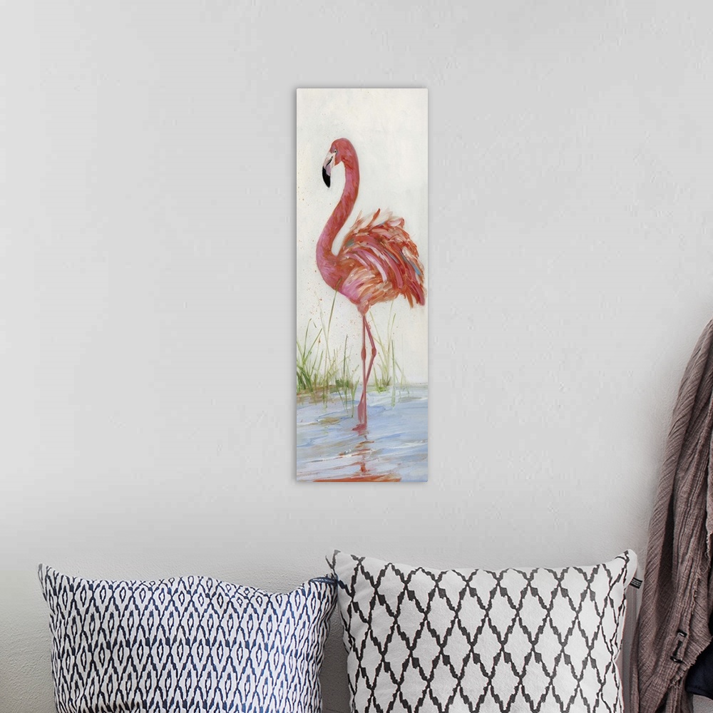 A bohemian room featuring Tall contemporary painting of a pink flamingo standing in water.