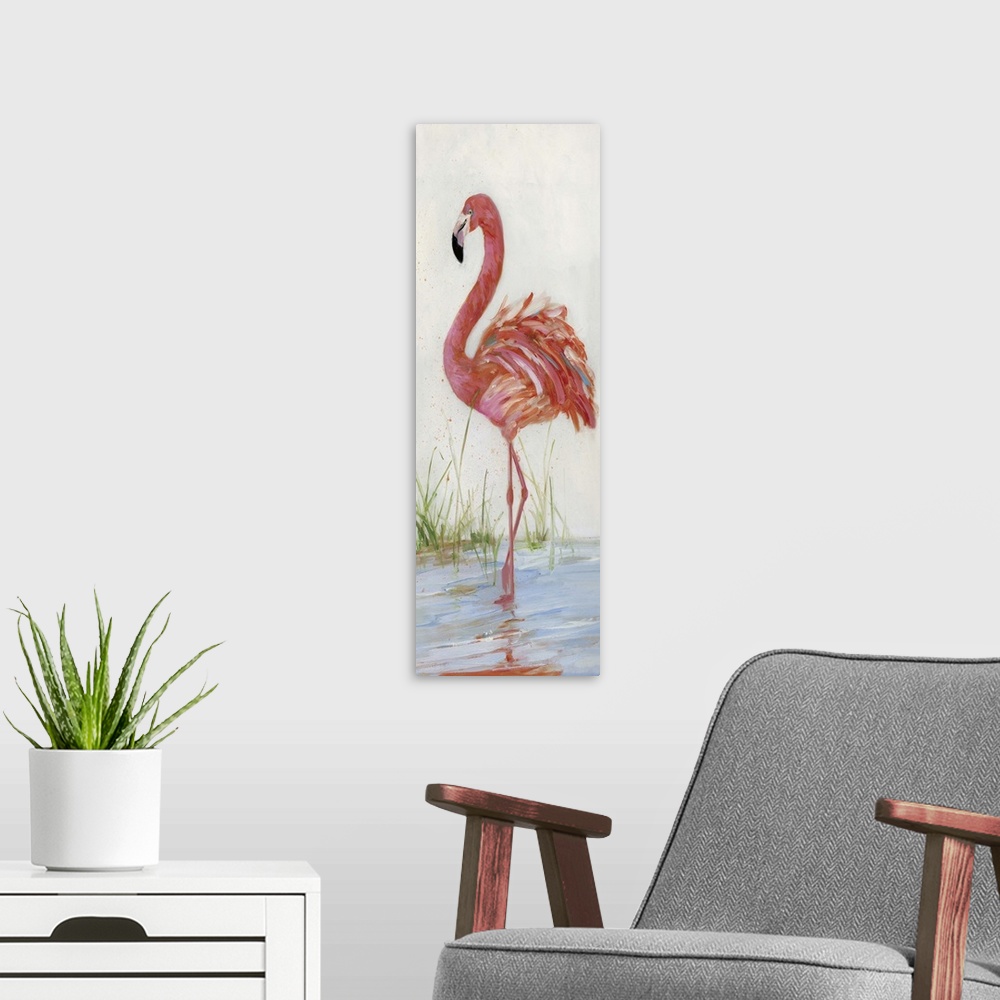 A modern room featuring Tall contemporary painting of a pink flamingo standing in water.