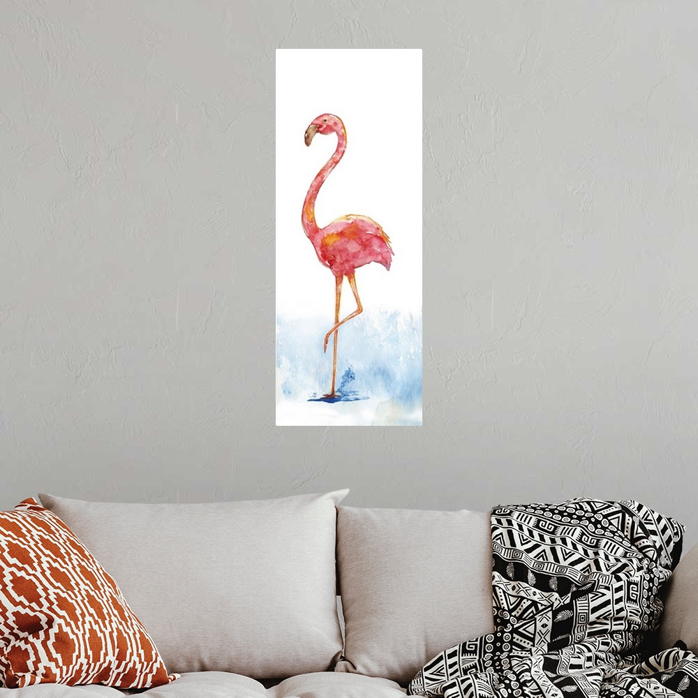 A bohemian room featuring Tall watercolor painting of a single pink flamingo standing on one leg in a puddle.