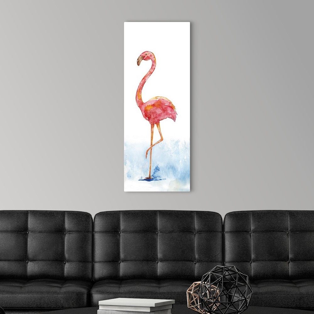 A modern room featuring Tall watercolor painting of a single pink flamingo standing on one leg in a puddle.