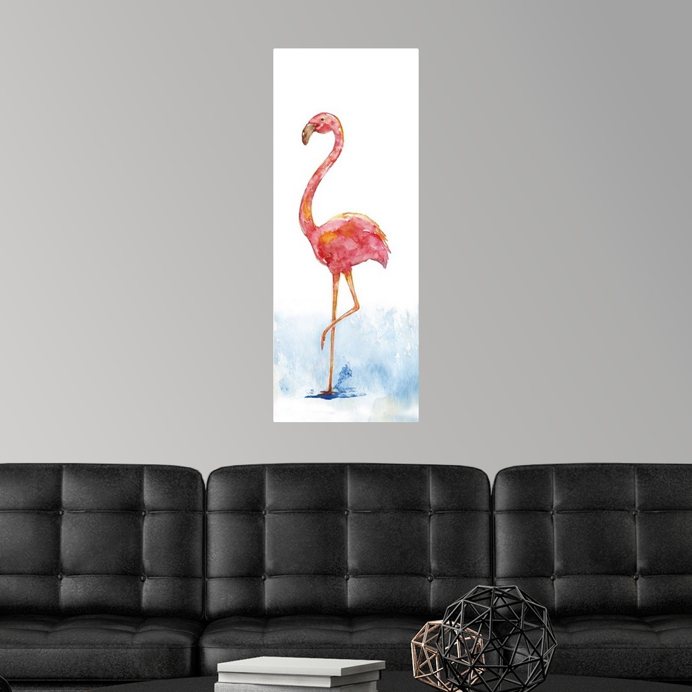 A modern room featuring Tall watercolor painting of a single pink flamingo standing on one leg in a puddle.